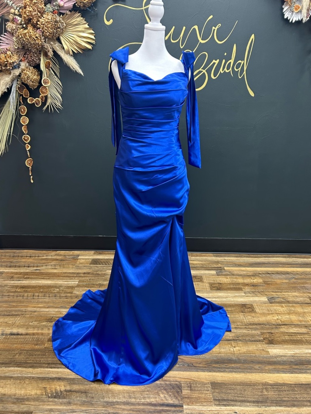 New Elegant Royal Blue Satin Evening Gown